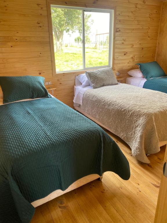 two beds in a room with a window at Queltehues natural in Castro