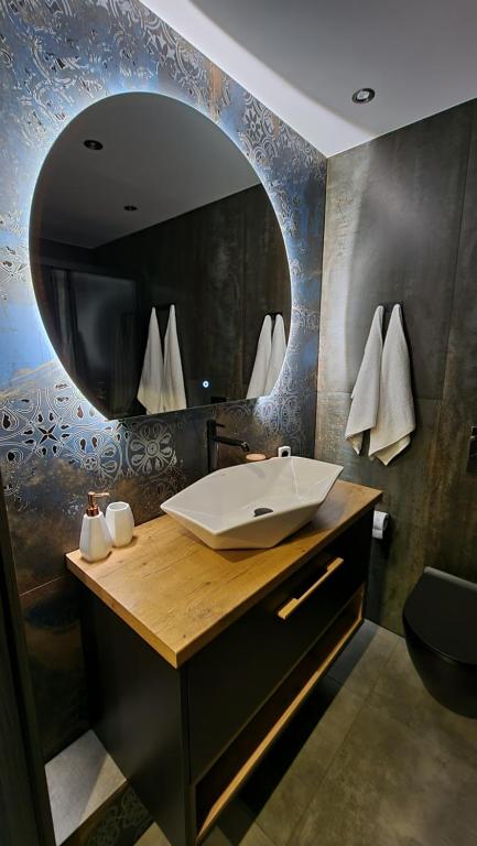a bathroom with a sink and a large mirror at Apartament ZajkoSki in Duszniki Zdrój