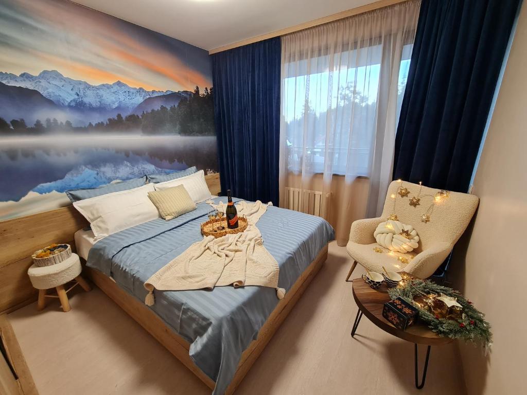 ein Schlafzimmer mit einem Bett und einem Stuhl in der Unterkunft Mountain Peak Apartment in Borowez