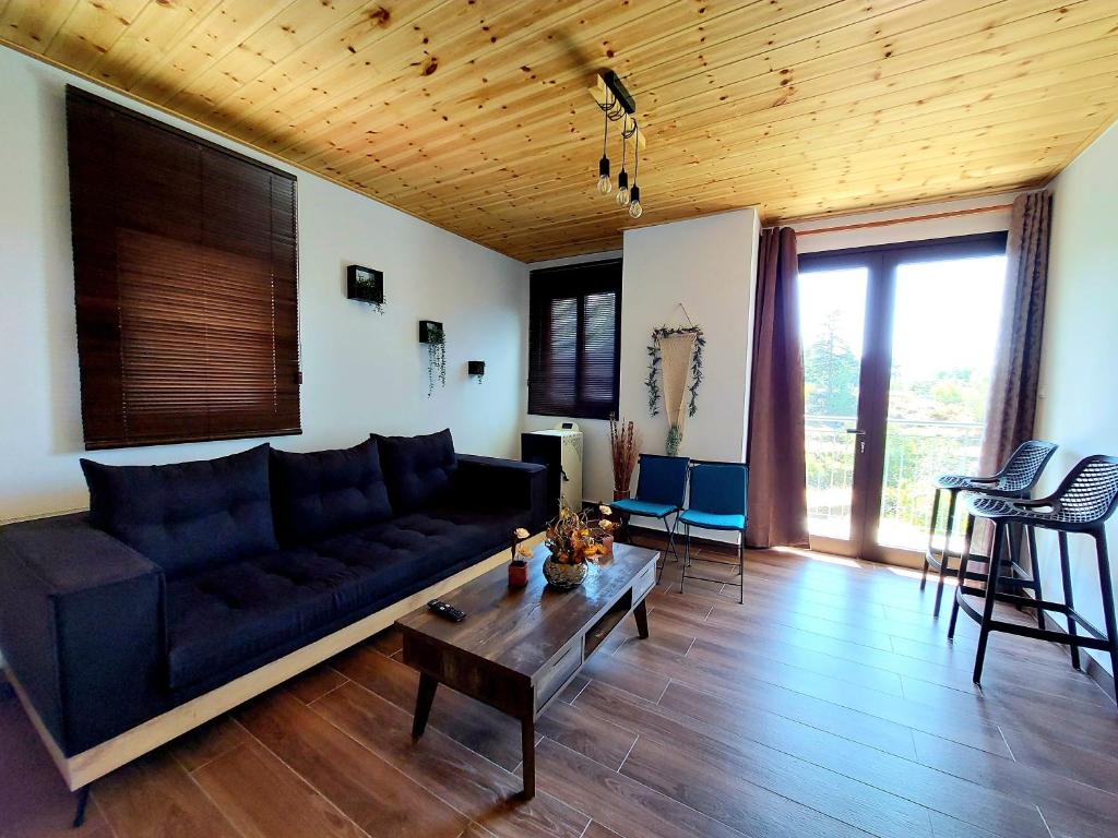 sala de estar con sofá negro y mesa en Agros Green Valley Suites en Limassol