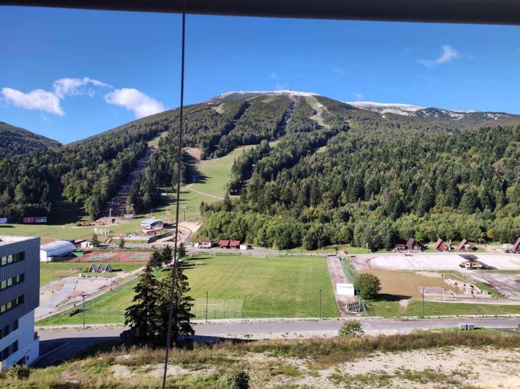 a view of a field with a mountain in the background at Apartment Pine in Bjelašnica