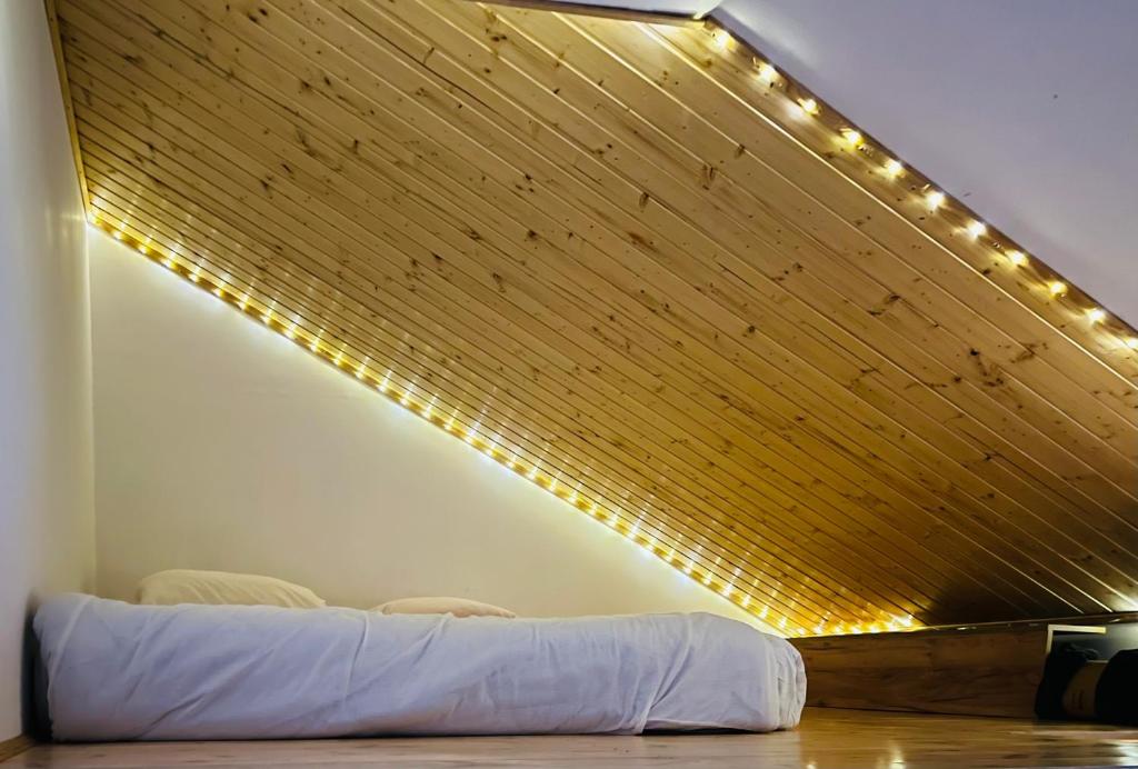 a room with a bed with lights on the ceiling at Tiny Apartment in Apuseni Mountains 