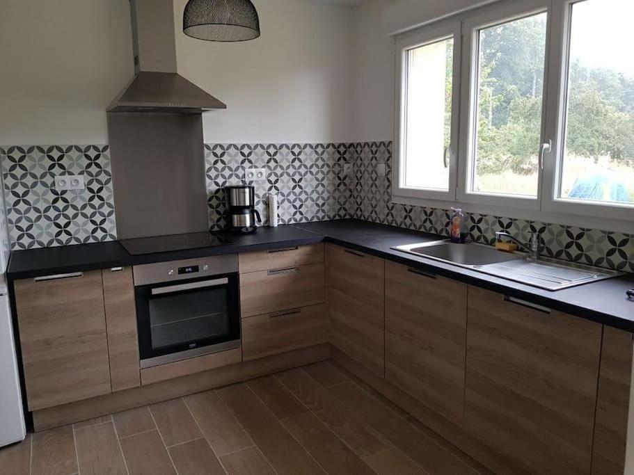 eine Küche mit Holzschränken und Spüle und einem Fenster in der Unterkunft Le clos du rhododendron proximité Dieppe in Le Bois-Robert