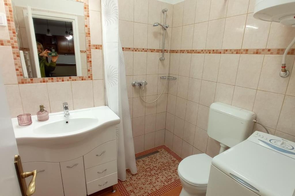 łazienka z umywalką, toaletą i prysznicem w obiekcie Londira Apartman Hévíz w Hévízie