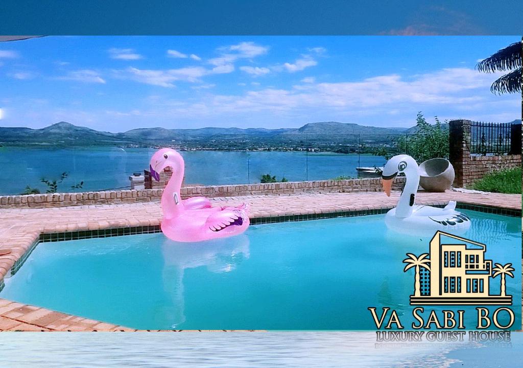 two inflatable flamingos in a swimming pool next to a lake at Va sabi bo, luxury family living in Hartbeespoort Dam in Hartbeespoort