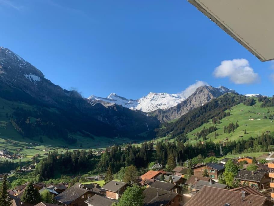 a village in a valley with snow capped mountains at Appartement au calme avec vue magnifique in Adelboden