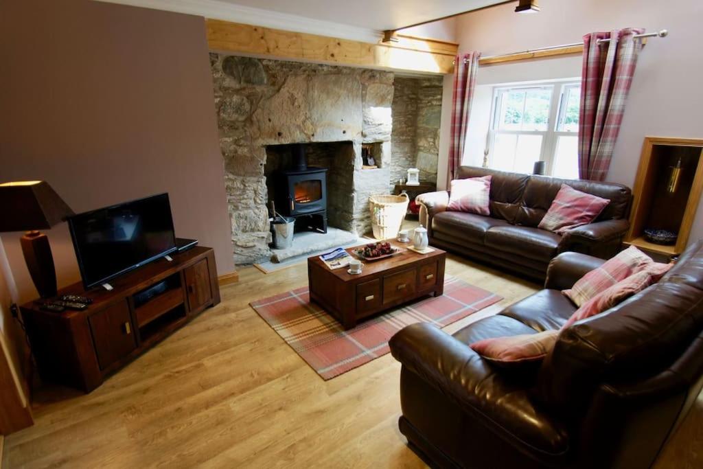 a living room with a couch and a fireplace at The Old Schoolhouse Lochearnhead in Lochearnhead