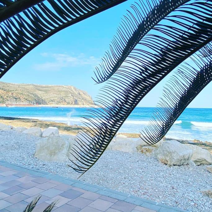 a palm tree on a beach with the ocean at Beach Penthouse Apartment in Jávea