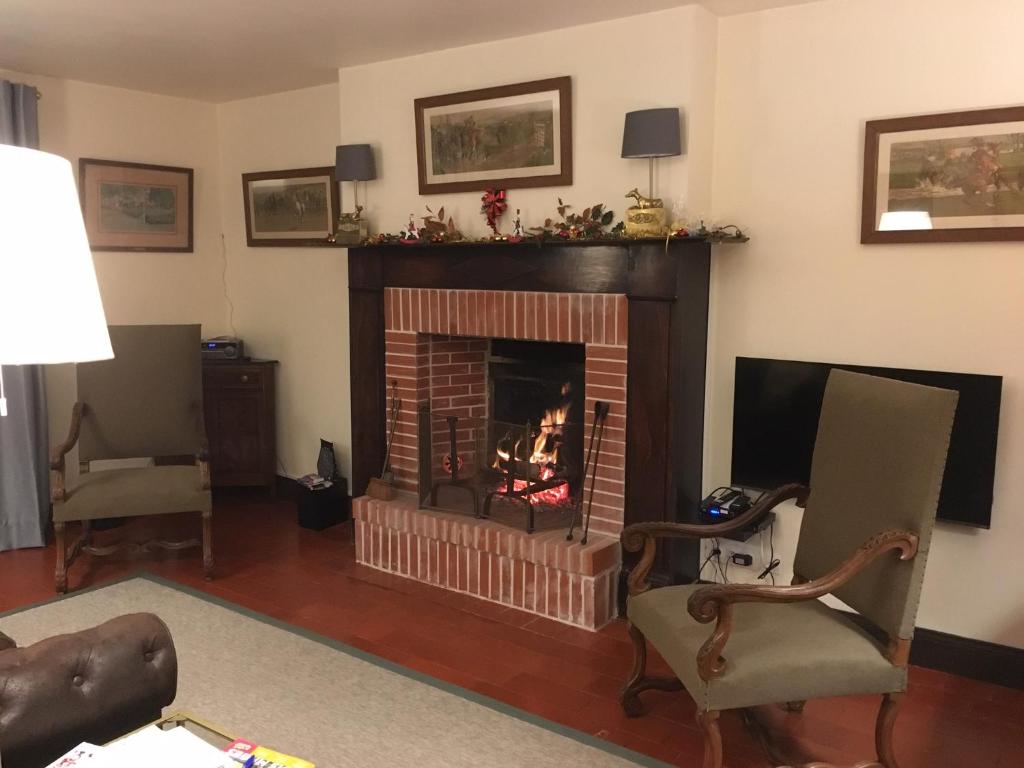 a living room with a fireplace and two chairs at Maison de charme Pays de Tronçais in Couleuvre