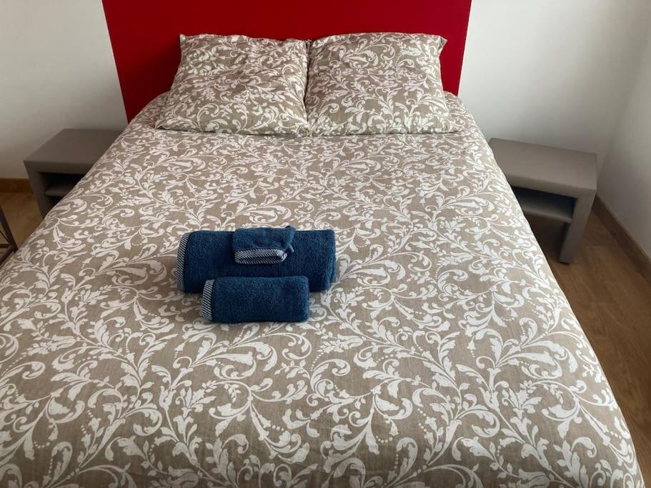 a bed with a blue pillow on top of it at T2 cosy bien équipé climatisé pkg ext gratuit in Fleury-les-Aubrais