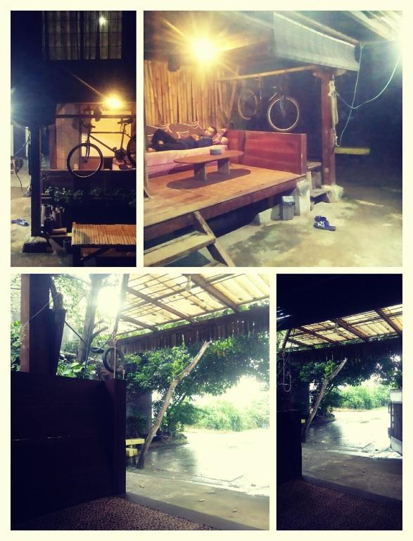 a collage of four pictures with a bench and a building at NG Shelter Cikampek【Homestay & Guest House】 in Karawang