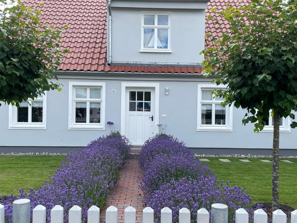 una casa blanca con flores púrpuras delante de ella en Haus Vicus en Greifswald