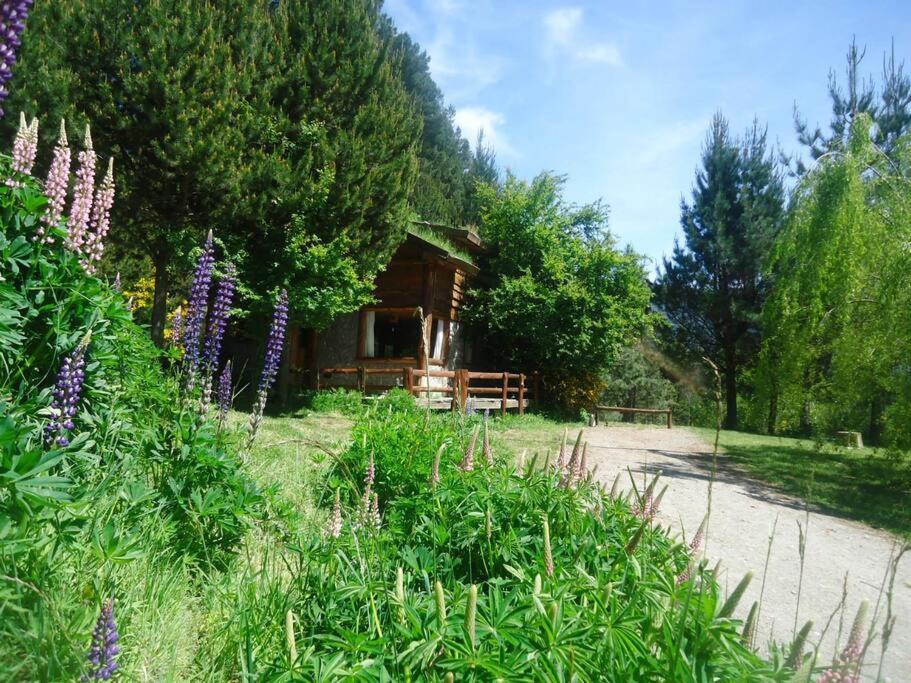 a log cabin in the woods with purple flowers at Mirador del Valle in Lago Puelo