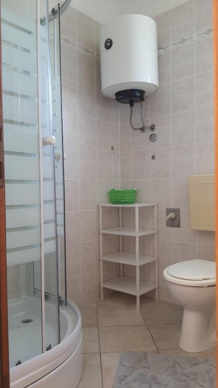 a bathroom with a shower and a toilet and a light at Apartments Irena in Božava