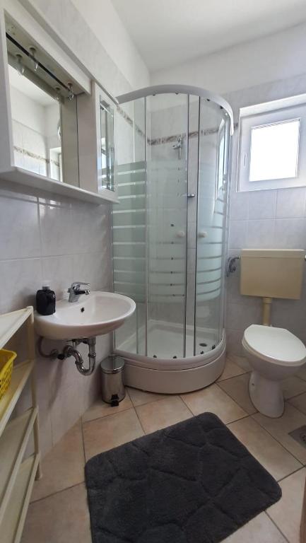a bathroom with a shower and a sink and a toilet at Apartments Irena in Božava
