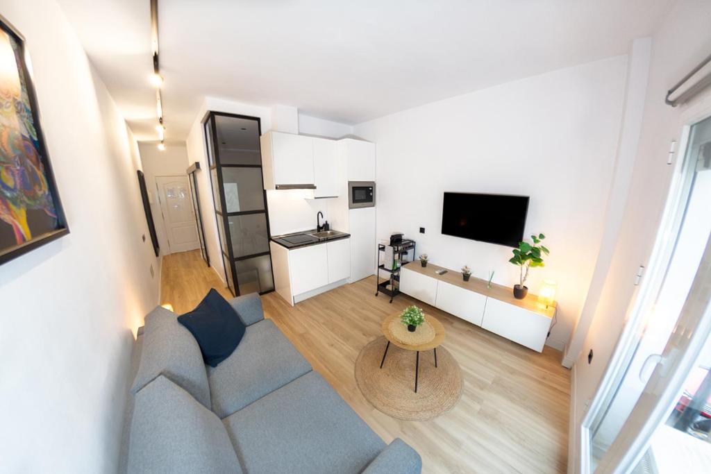 a living room with a couch and a tv at 31 Apartments - Luxe in het centrum van Malaga in Málaga