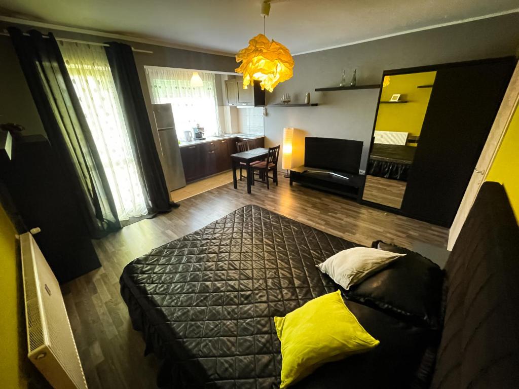 1 dormitorio con 1 cama y sala de estar en Prima Residence Apartment en Oradea