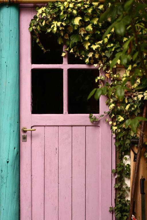 una puerta rosa con una ventana encima en Refugio del Bosque en El Bolsón