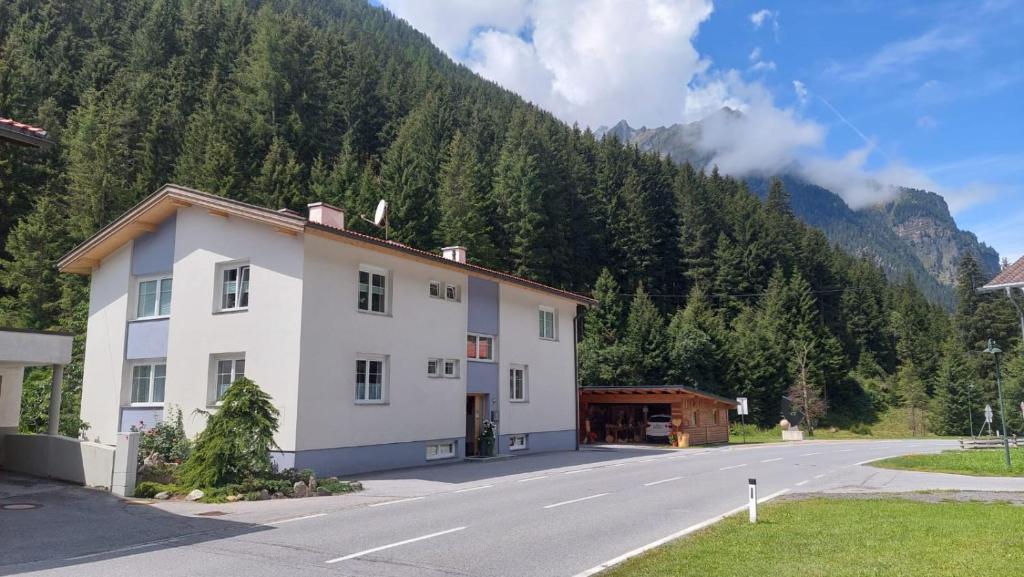 a building on the side of a road with a mountain at beim Holzwurm Andy in Sankt Leonhard im Pitztal