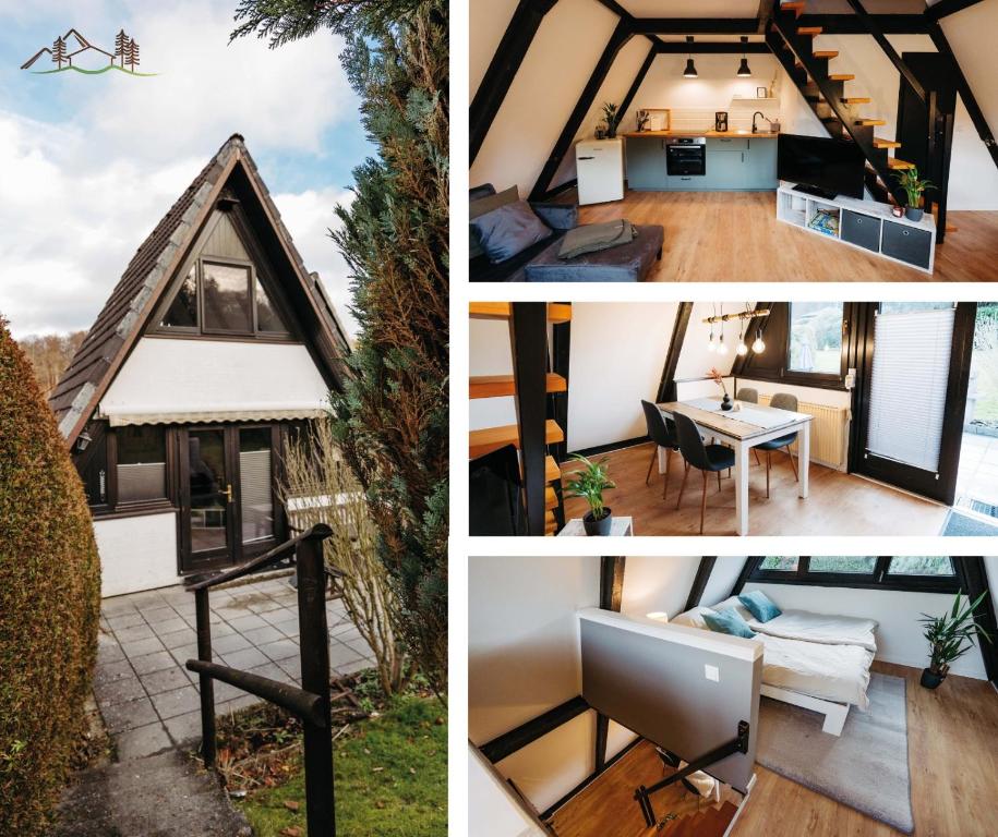 un collage de fotos de una casa pequeña en Gemütliches Nurdachhaus im Naturparadies mit Sauna - Erholung pur, en Bad Wünnenberg
