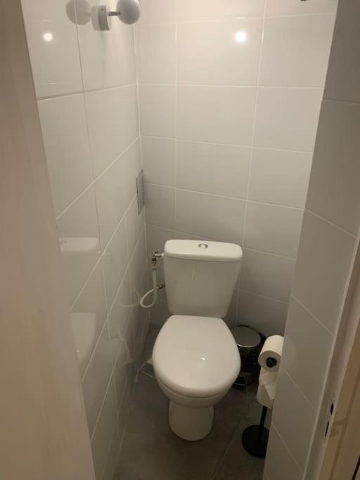 łazienka z białą toaletą w kabinie w obiekcie Superbe duplex vue montagne. w mieście Gréolières