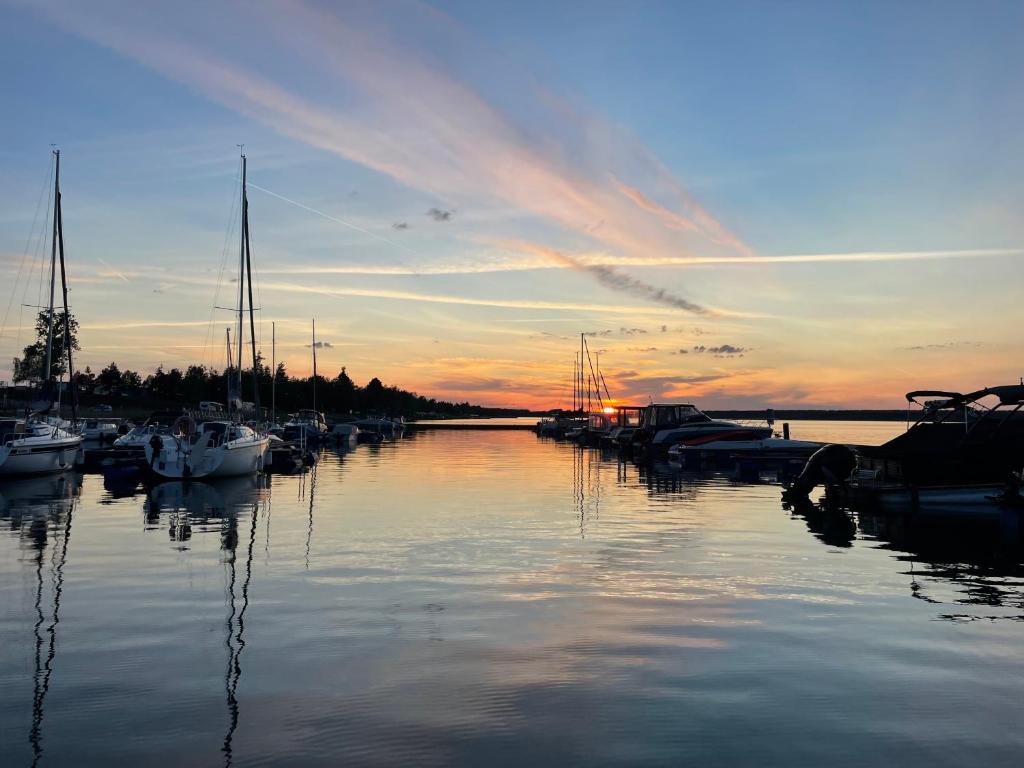 a group of boats docked in a marina at sunset at Ferienhaus L45 in Elsterheide