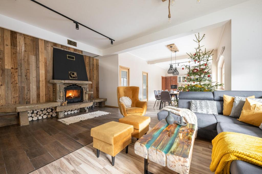 a living room with a couch and a fireplace at Apartamenty witów in Witów