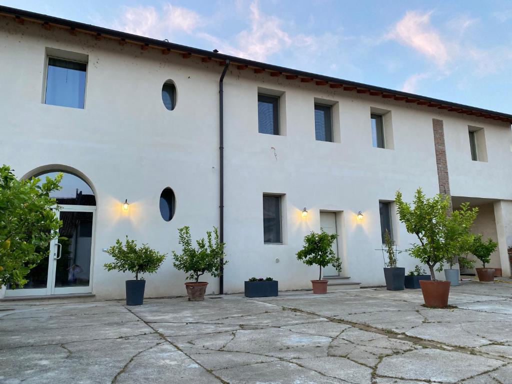 a white building with potted trees in front of it at FORESTERIA LOMBARDA BED and BIKE CREMONA 