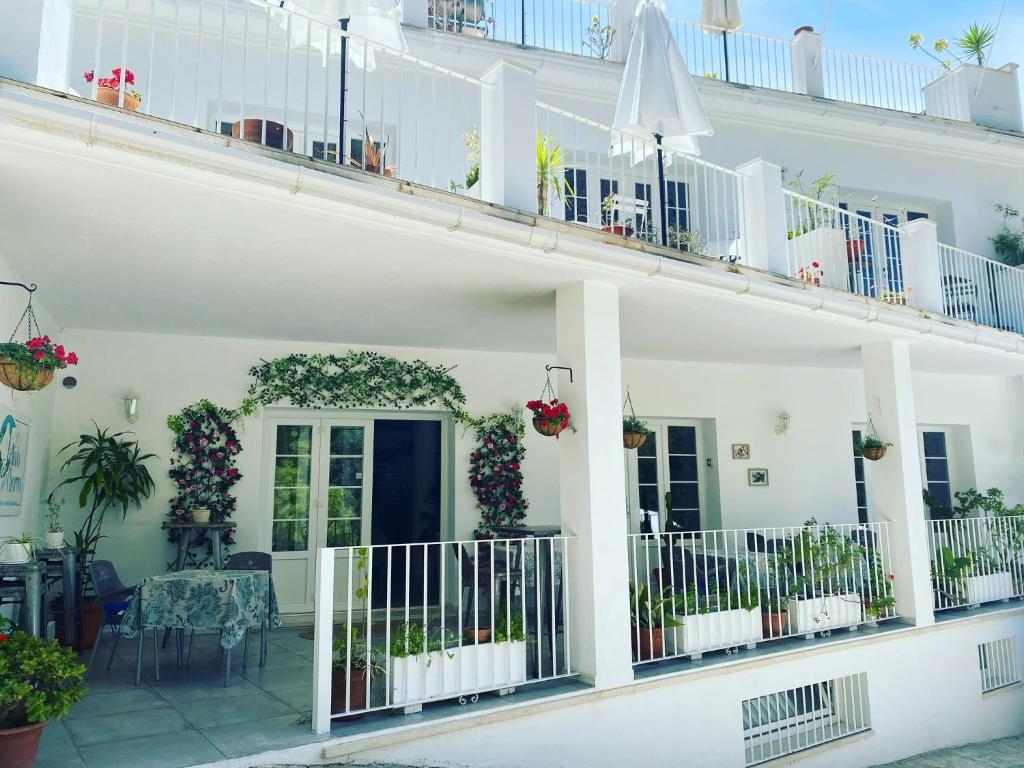 a white house with a balcony with plants at El nido del Chorro in Málaga