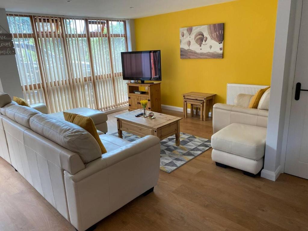 a living room with a couch and a tv at Cosy Homely Apartment close to Lincoln City Centre in Lincoln