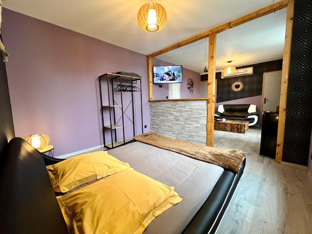 1 dormitorio con 1 cama y TV en la pared en * La Maisonette * avec Sauna & Hammam privatifs, en Nevers