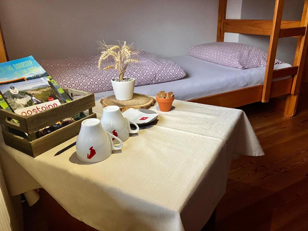 Prestranek Castle Estate في بوستوينا: طاولة عليها مزهريات مع سرير