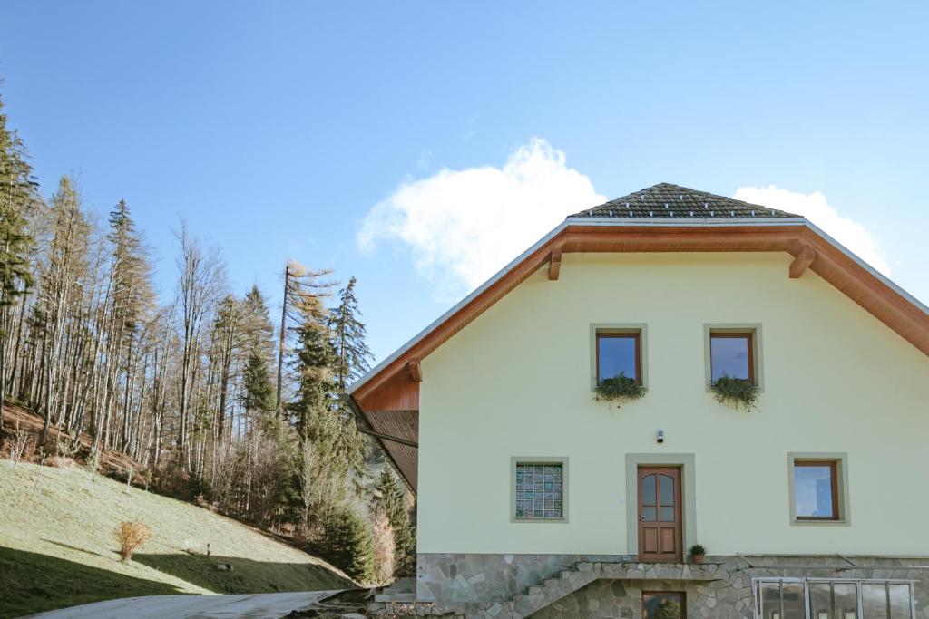 een wit huis met een bruin dak bij Apartments Čenda in Železniki