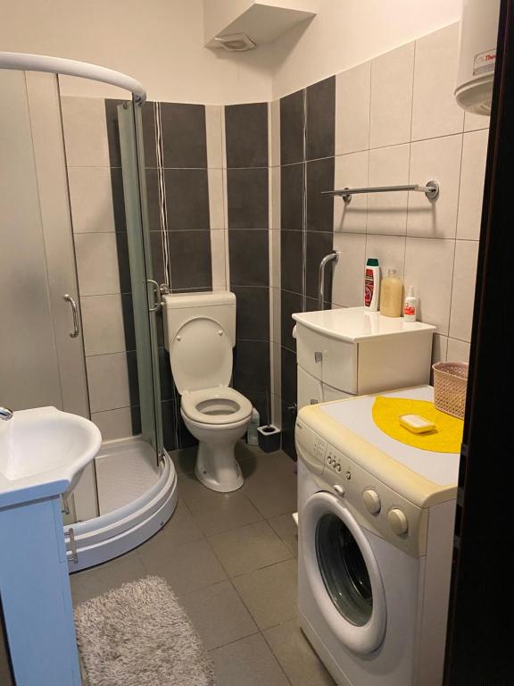 bagno con servizi igienici e lavatrice. di Apartment SIDRO Tivat a Tivat