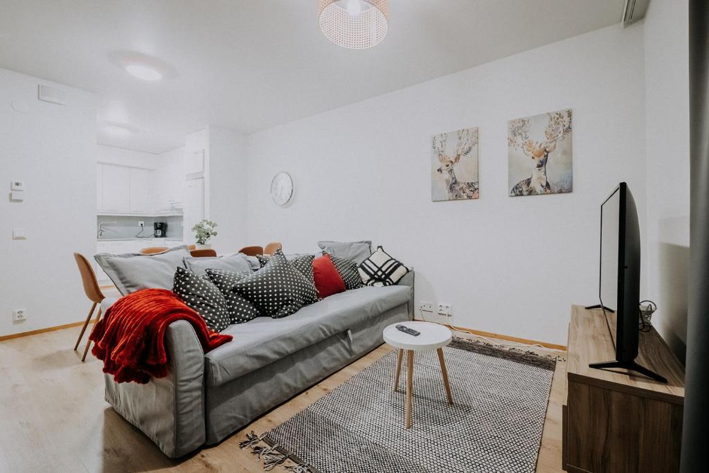 uma sala de estar com um sofá cinzento e uma televisão em Apartment, SleepWell, Tyynimeri with private parking and optional private sauna em Helsinque