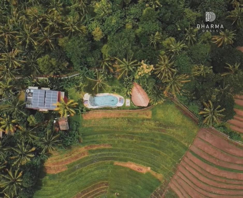 an aerial view of a house in a field with palm trees at Dharma Oasis in Selemadeg