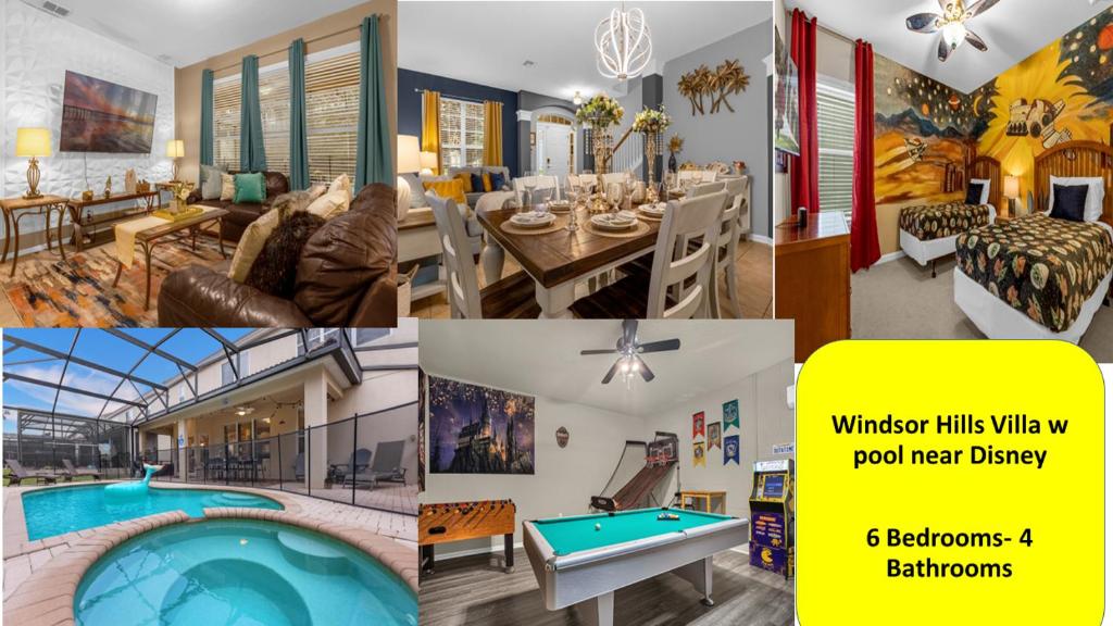 un collage de fotos de una casa con mesa de billar en Windsor Hills Villa w pool near Disney, en Coffeyville