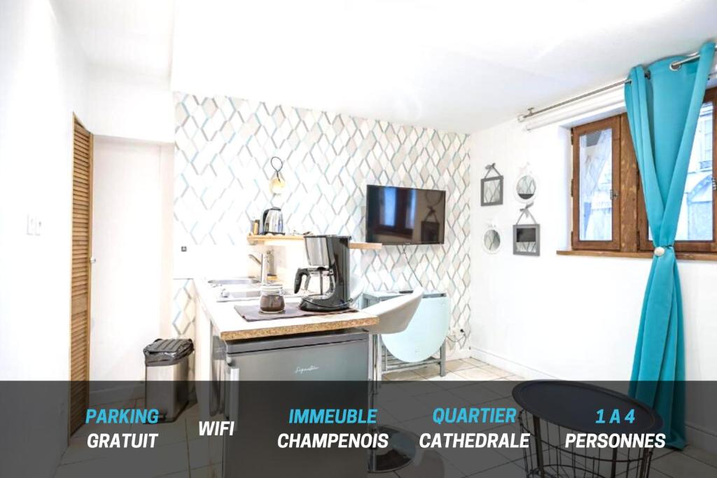 トロワにあるQuartier Cathédrale Centre, Wifi et Parking - Zen Appartのキッチン(カウンター、テレビ付)が備わる客室です。