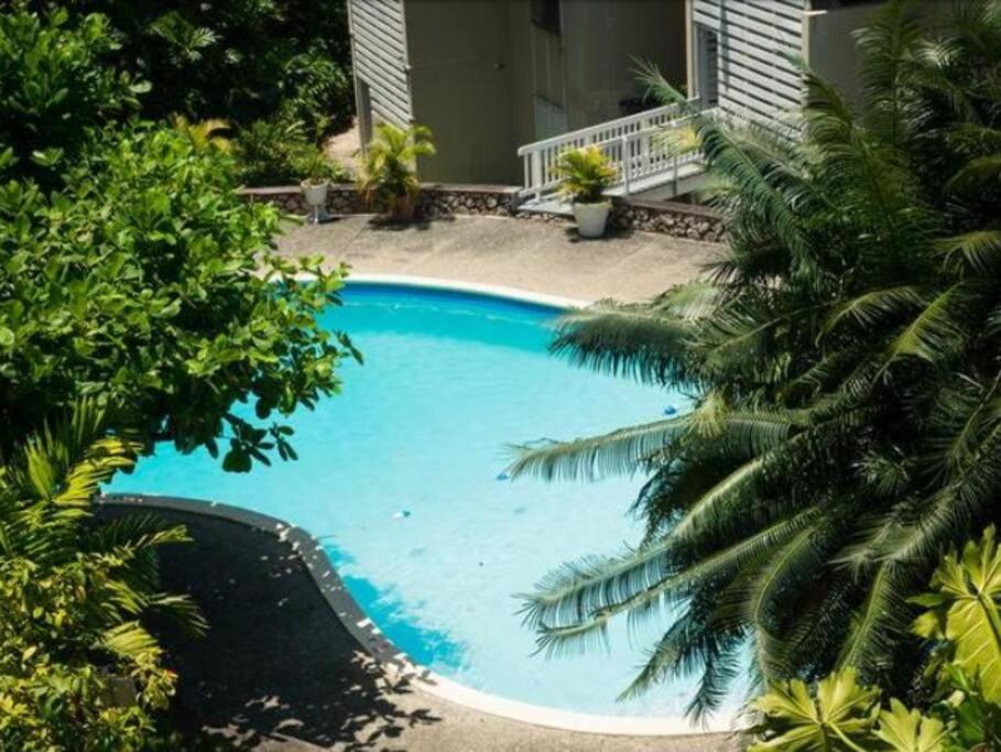 uma grande piscina azul num quintal com árvores em Ocho Rios 2 Bedroom Apartment/Flat em Ocho Rios