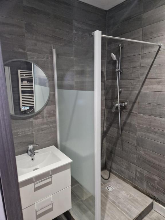 W łazience znajduje się prysznic, umywalka i lustro. w obiekcie Studio cosy w mieście Méru