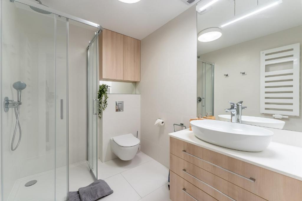 łazienka z umywalką, toaletą i prysznicem w obiekcie Sunrise Apartament w Rogowie