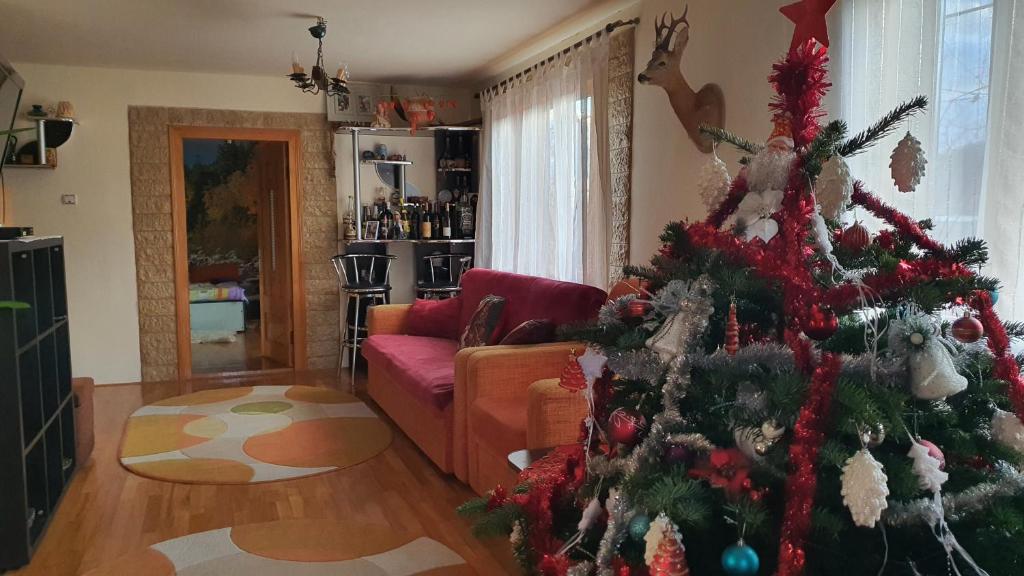 una sala de estar con un árbol de Navidad. en Casa de vacanta 