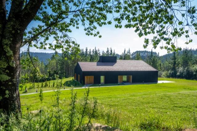 a large black house in a field with a tree at Agroturismo Azkarraga in Amorebieta-Etxano