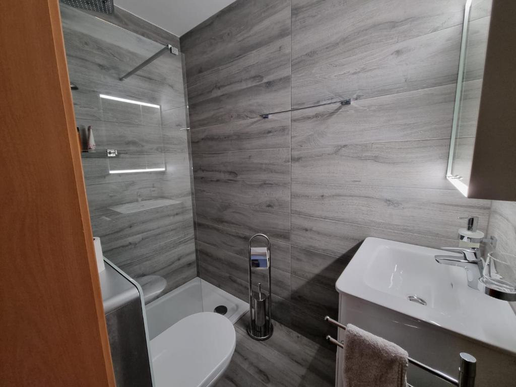 a bathroom with a sink and a toilet and a shower at chez moumie studio meublée in Bevaix