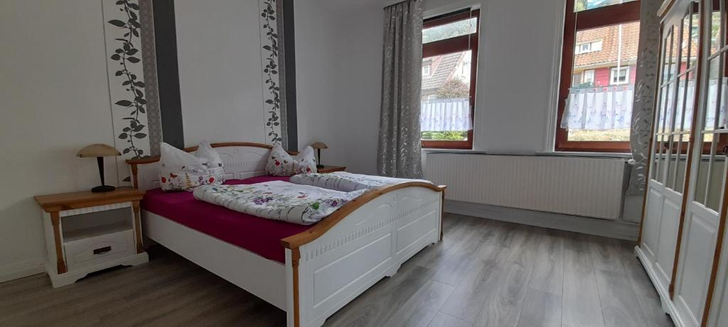 ein Schlafzimmer mit einem Bett in einem Zimmer mit Fenstern in der Unterkunft Bergschatz in Langelsheim