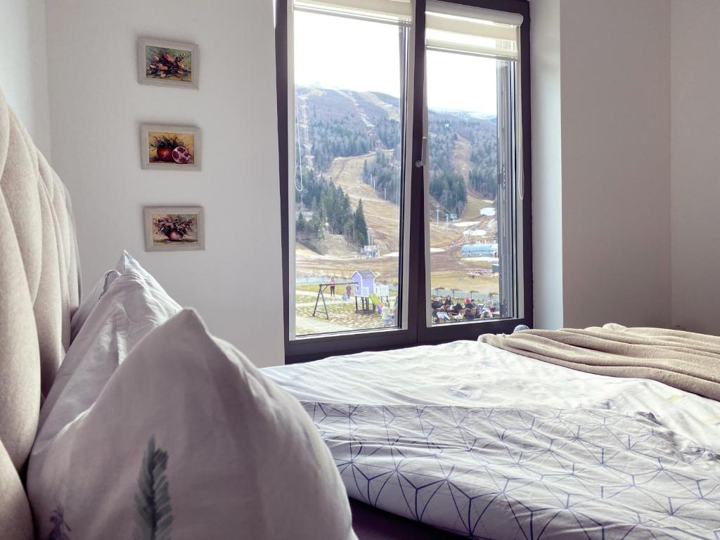 - une chambre avec un lit et une grande fenêtre dans l'établissement Divernoa Mountain Bjelašnica, à Bjelašnica
