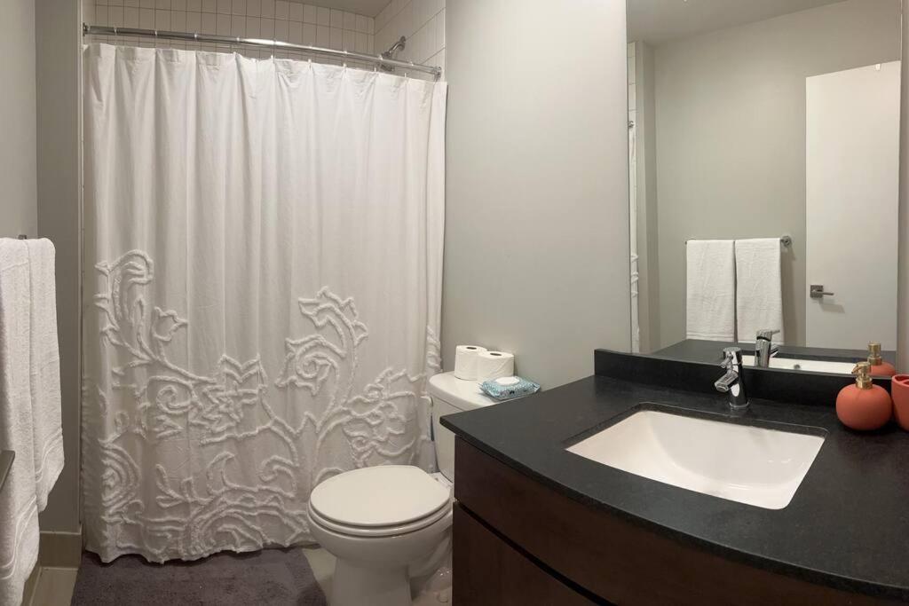 a bathroom with a toilet and a shower with a sink at Luxury Condo 2 bed 2 bath near Downtown KC in Kansas City