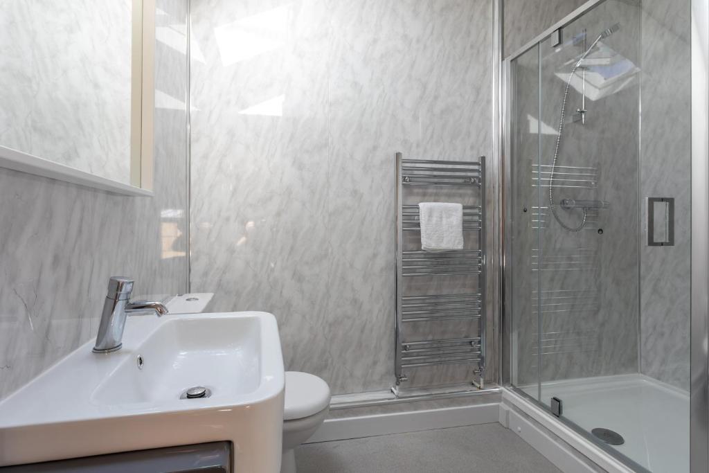 y baño con ducha, lavabo y aseo. en Bikehaus@The Colliers Arms, en Abercanaid