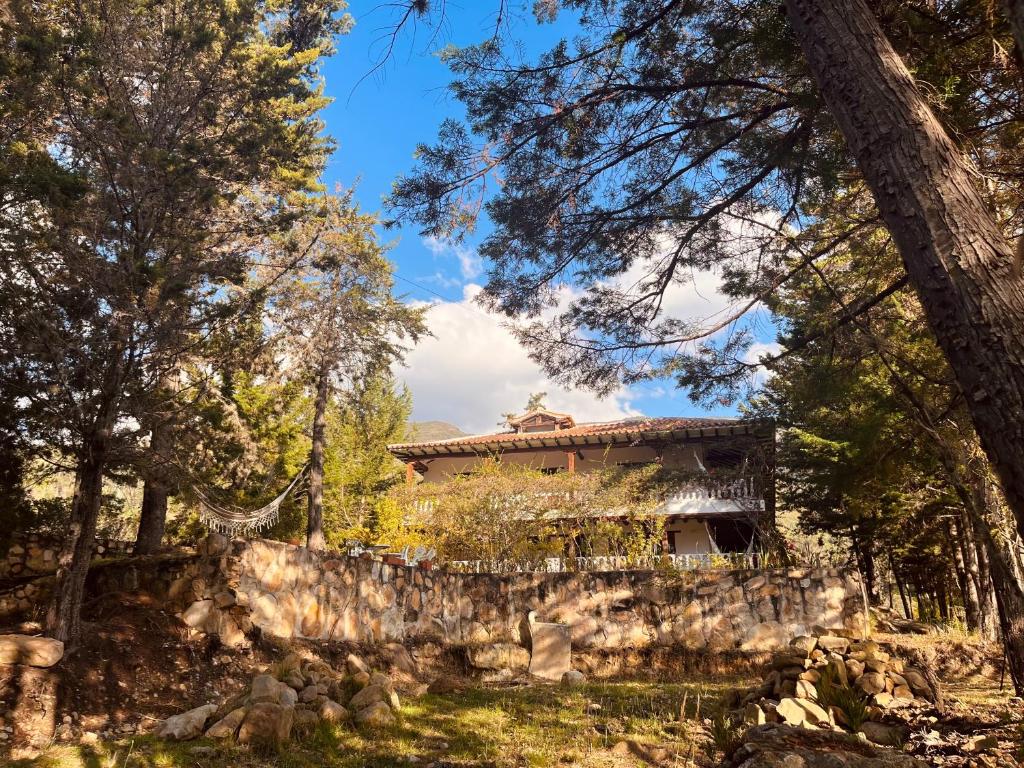 a house in the woods with a stone wall and trees at Lo Nuestro - Hospedaje in Villa de Leyva