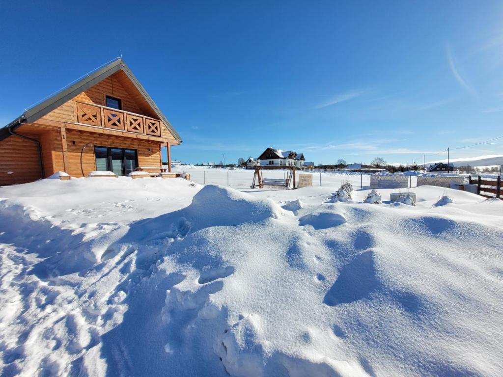 a pile of snow in front of a log cabin at Osada Orlica 3 in Lasowka